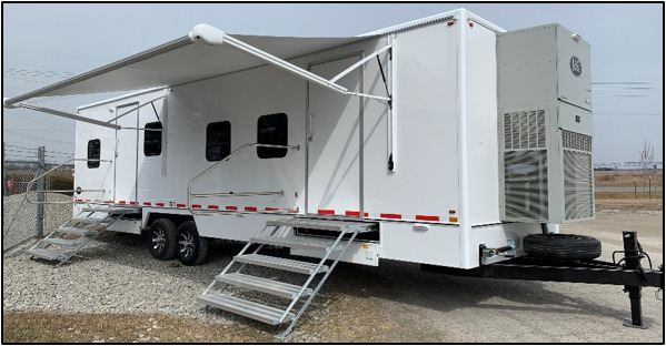 Intents mobile command-center trailer with exterior awning and stairs