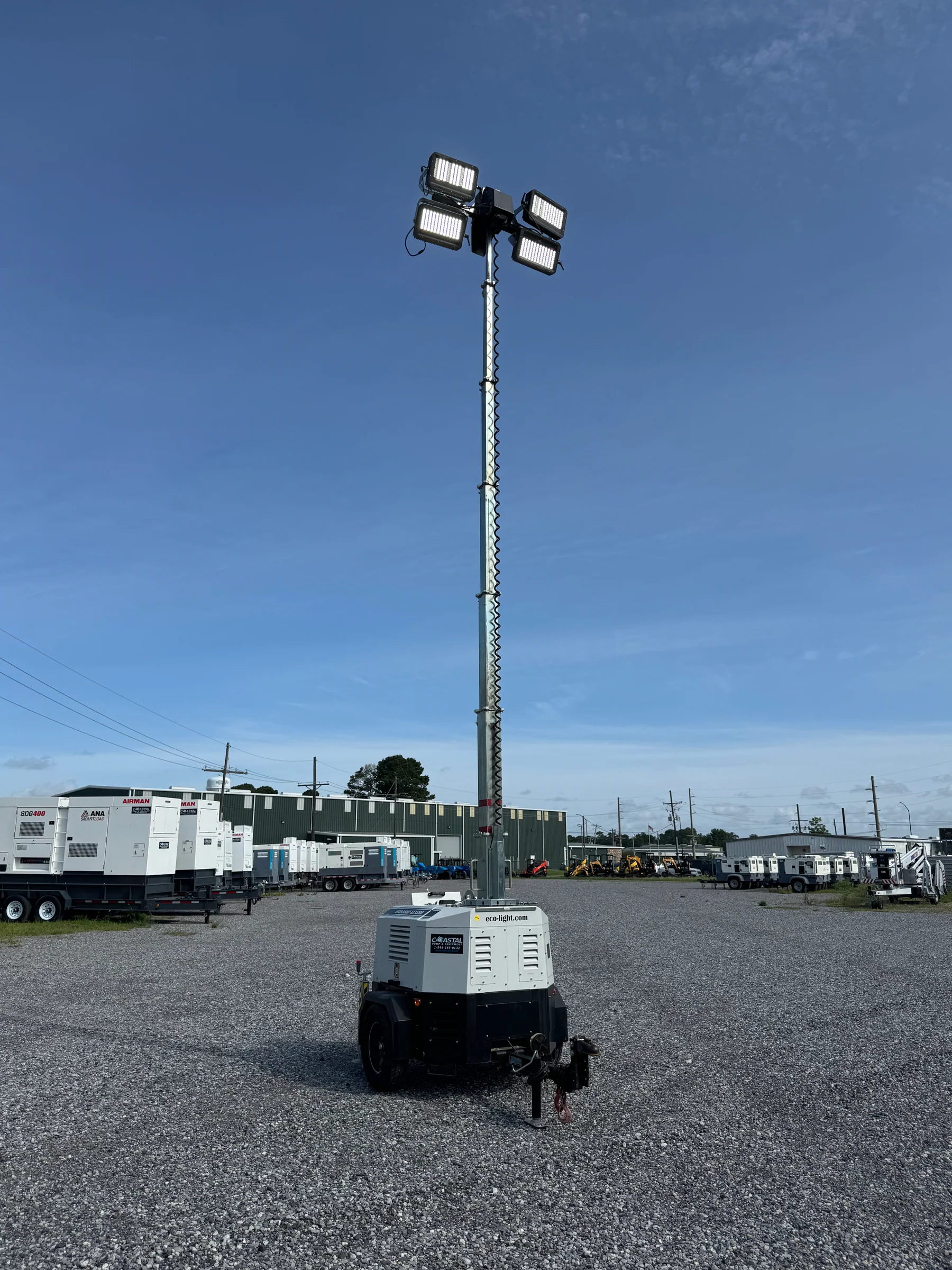 Portable light tower in an equipment yard